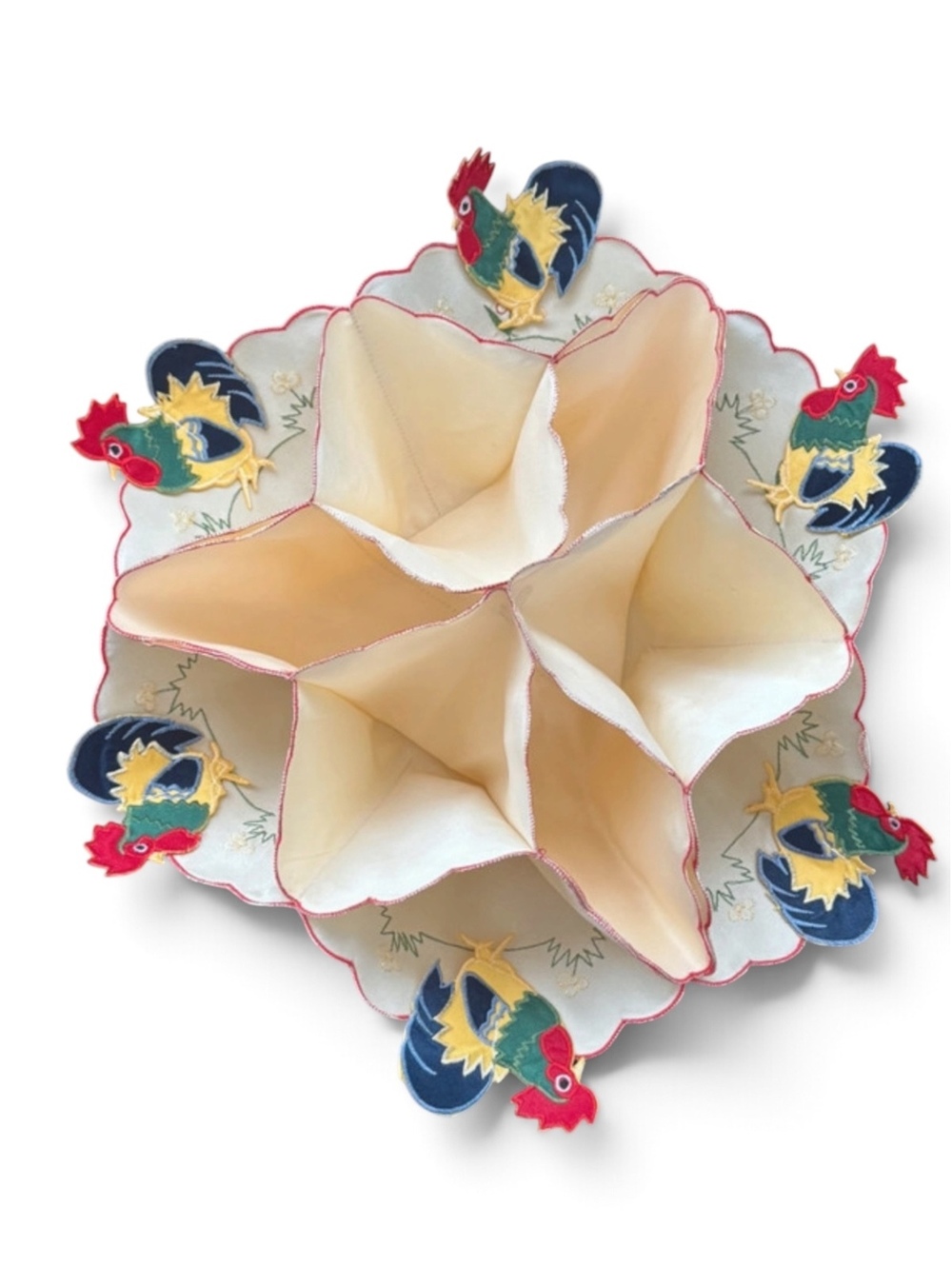 Vintage Handmade Fabric Bun Roll Warmer Bread Basket Cream Rooster Applique